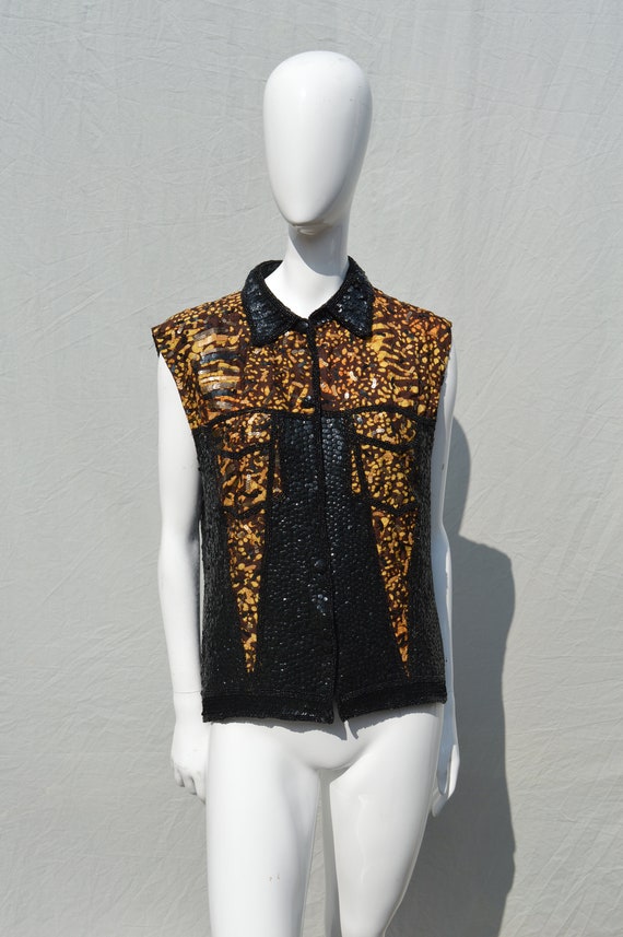 Vintage 80's CACHE sleeveless top vest beaded sequ
