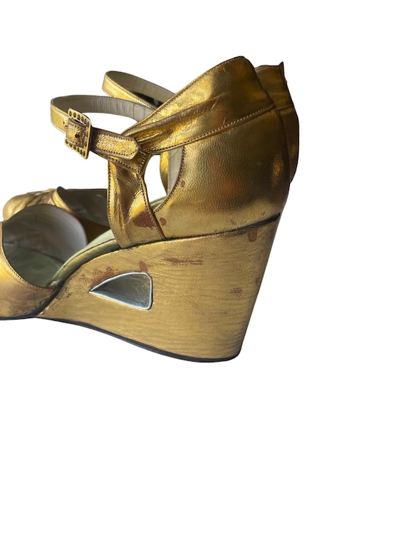 Vintage 40’s GOLD leather WEDGES shoes Sandals Si… - image 3