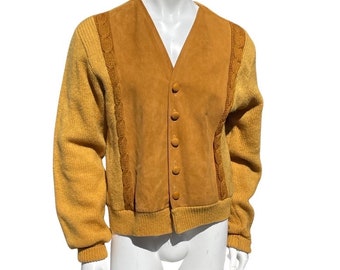 Vintage 60's CASCADE of California 2 ply wool and suede  sweater cardigan size L beatnik rat pack