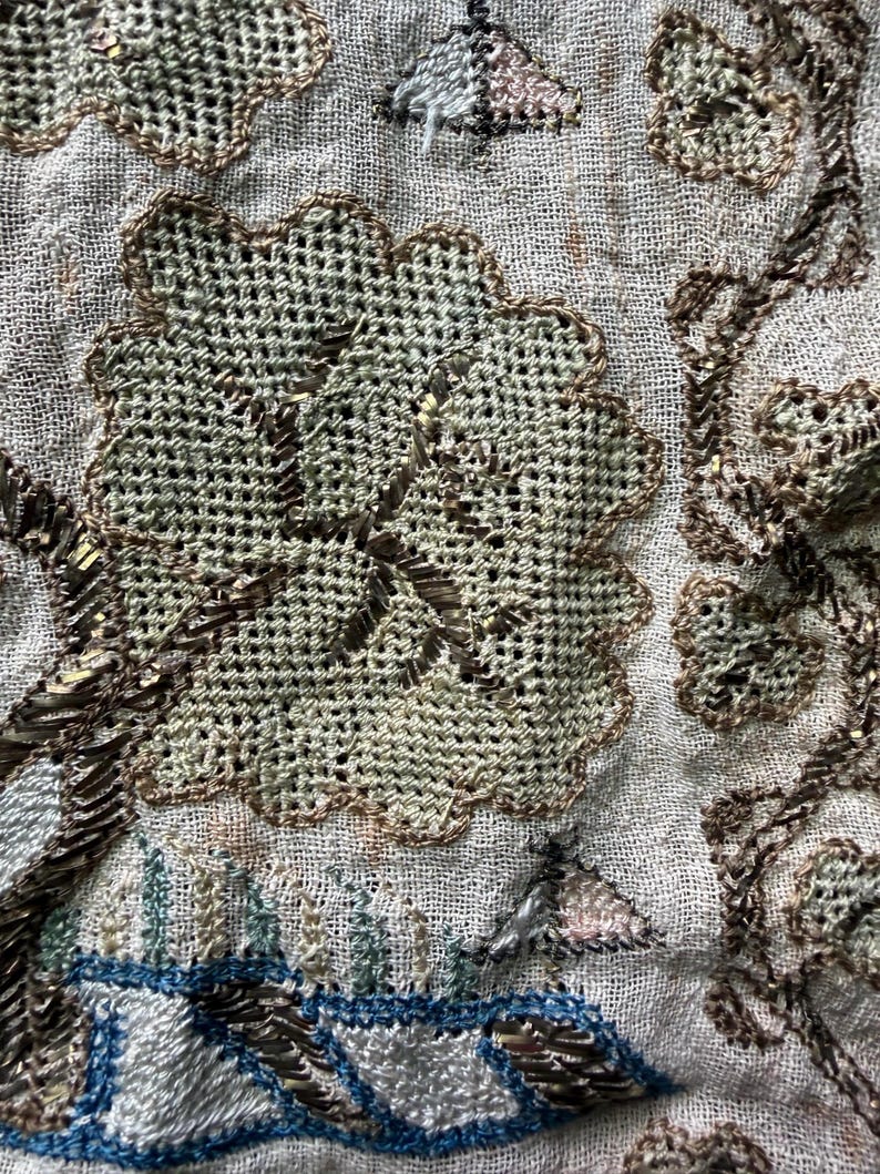 Vintage Art Deco embroidered scarf gold thread beach landscape 20s lien summer image 4