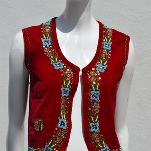 Vintage 70's HAND EMBROIDERED red velvet vest size M floral beaded border folk dance Hungarian image 1