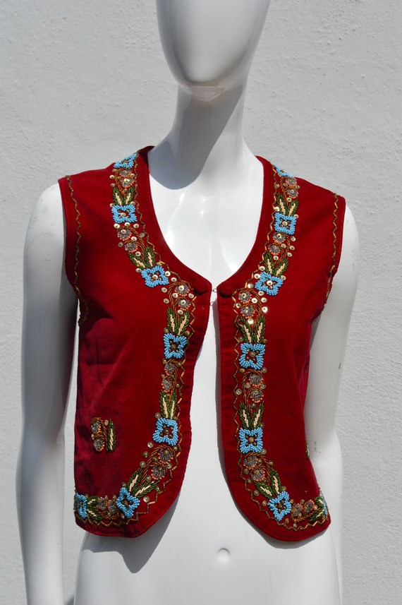 Vintage 70's HAND EMBROIDERED red velvet vest size