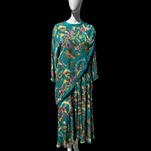 Vintage 80er Jahre Seidenkleid DIANE FREIS Barock Schmuck Muster Schal Overshoulder Top langes Midi MINT Größe Large flirty chic Avantgarde Kleid