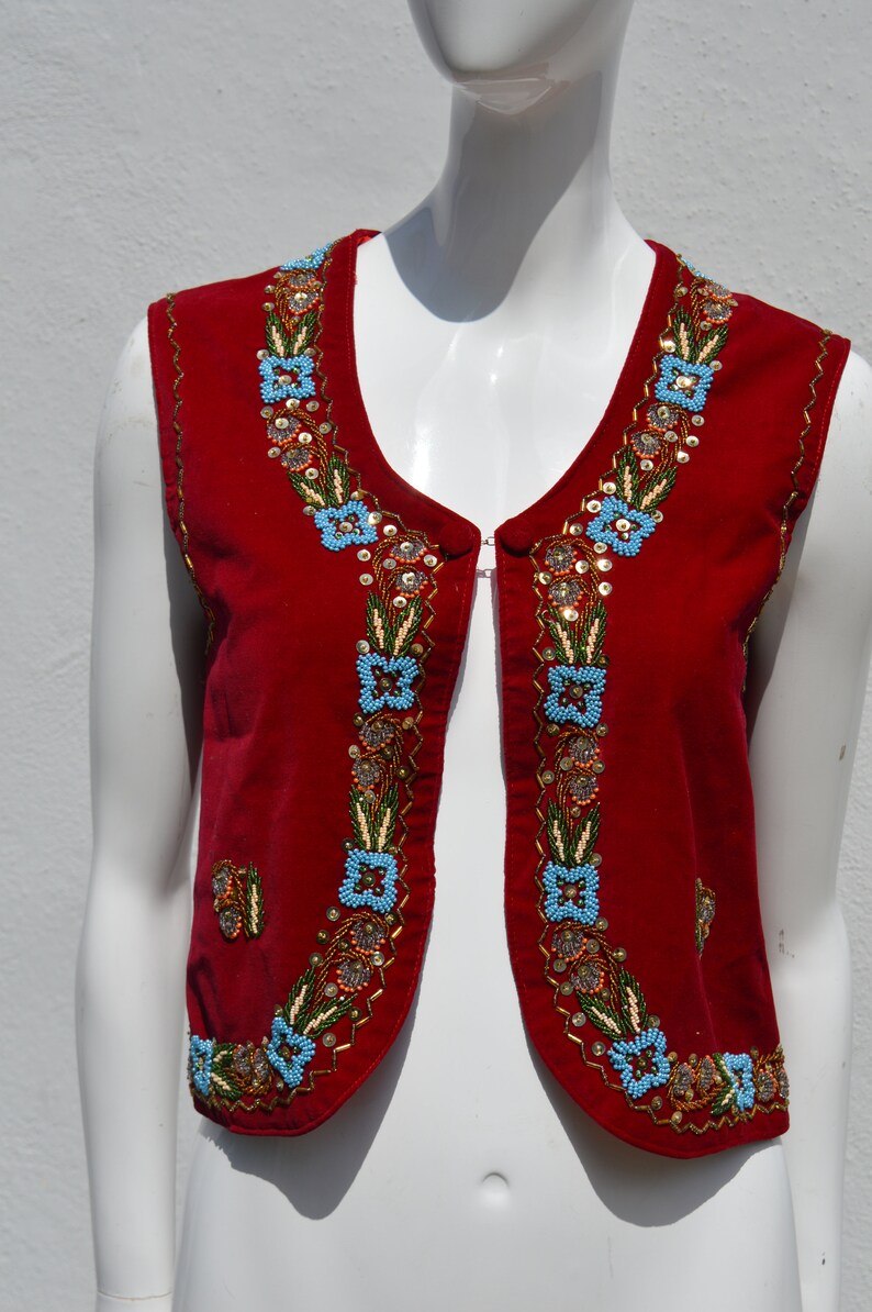 Vintage 70's HAND EMBROIDERED red velvet vest size M floral beaded border folk dance Hungarian image 4