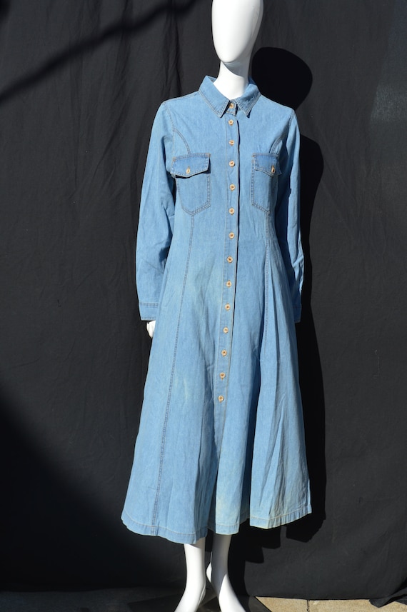 Bill Blass, Vintage 80's BILL BLASS cotton denim shirt dress maxi loose fitting size 10 wide skirt by thekaliman