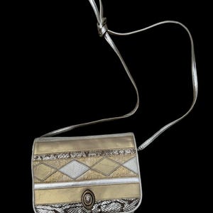 Vintage 80s SHARIF patchwork faux leather bag gold and silver snake skin pattern collage crossbody purse handbag