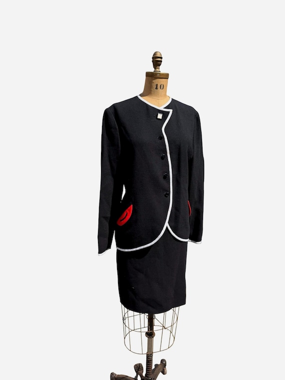 Geoffrey Beene, Vintage 70-80s GEOFFREY BEENE 2 pieces skirt suit crepe wool pencil color detail blazer Memphis details jacket size 10