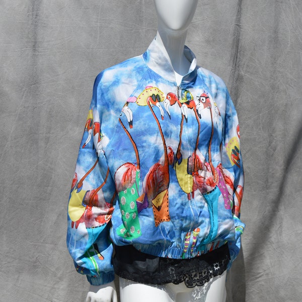 Vintage 90's NICOLE TAYLOR pink flamingos tourist bomber jacket hand beaded silky baroque hip hop novelty Florida unisex size L or Sm men