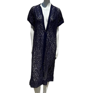 Vintage 50’s all lace coat duster robe size small blue floral pattern over coat