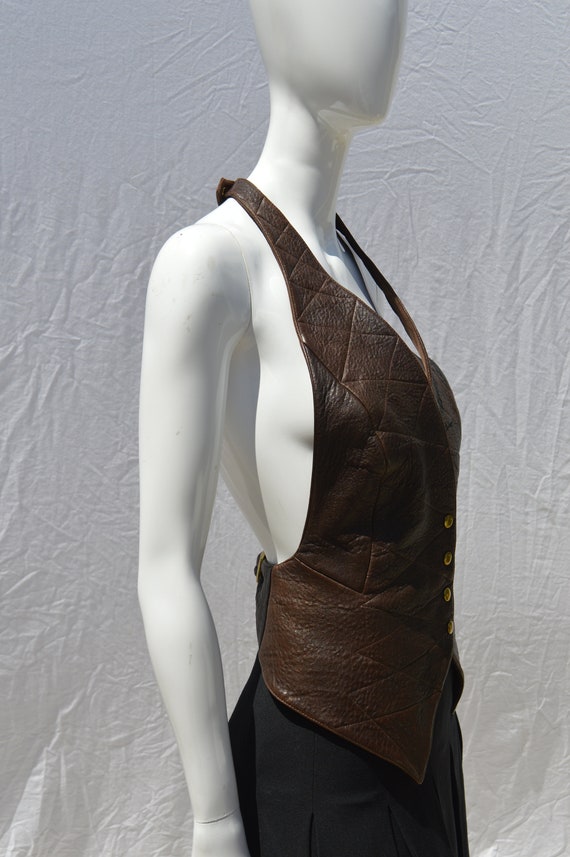 Vintage 80's LEATHER top blouse sexy backless ves… - image 5