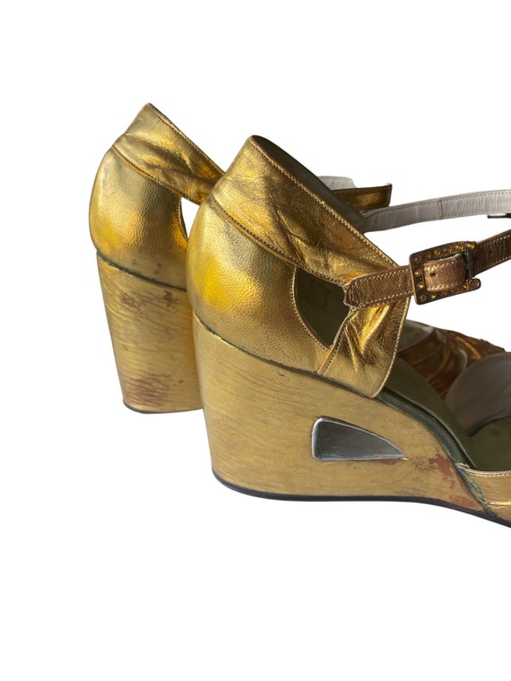 Vintage 40’s GOLD leather WEDGES shoes Sandals Si… - image 5