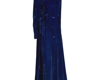 Vintage 50s royal blue crushed velvet trenchcoat coat overcoat maxi glam classic