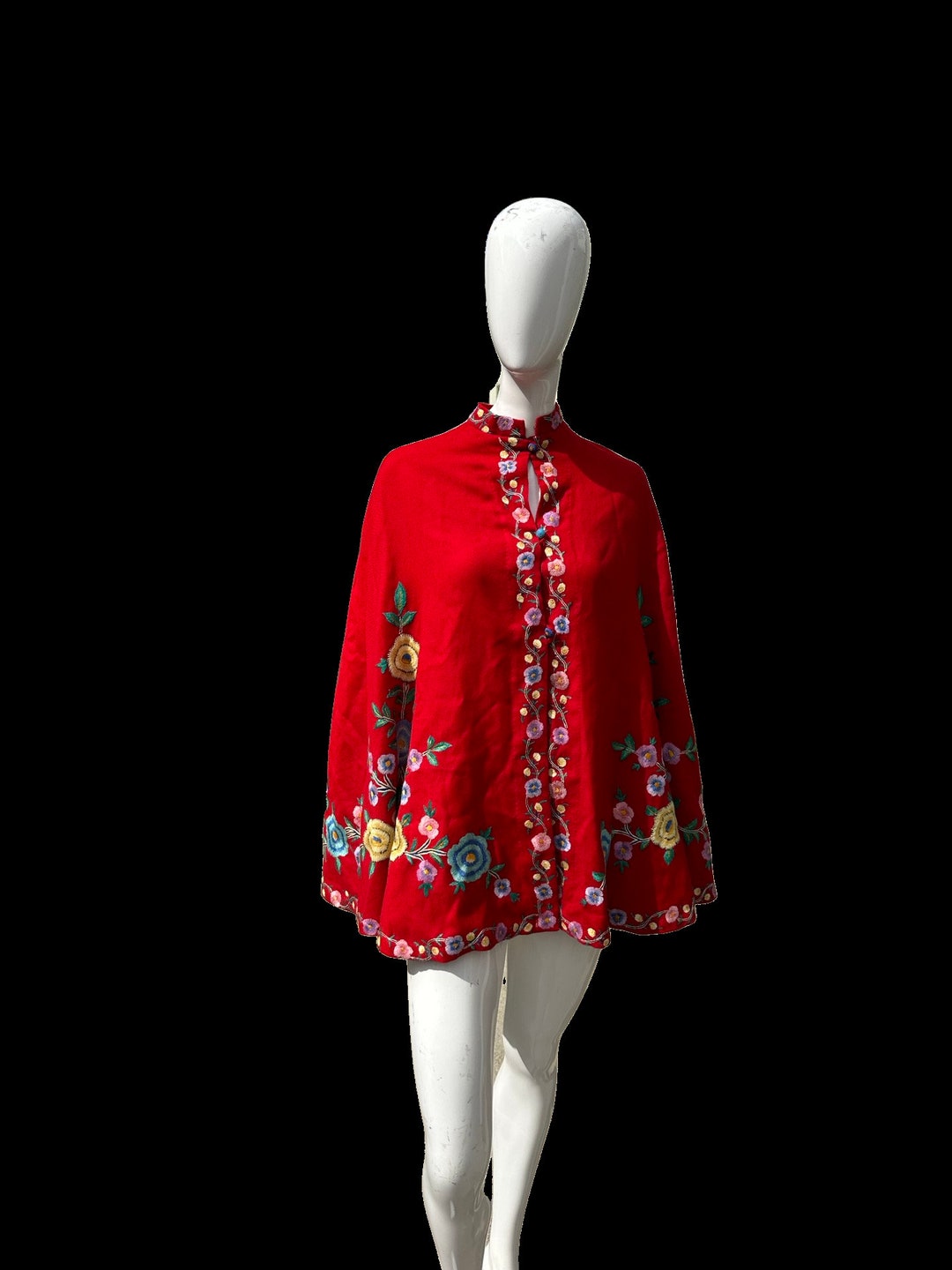 Vintage Hand Embroidered Floral Red Cape Size M Chic Cape Color ...