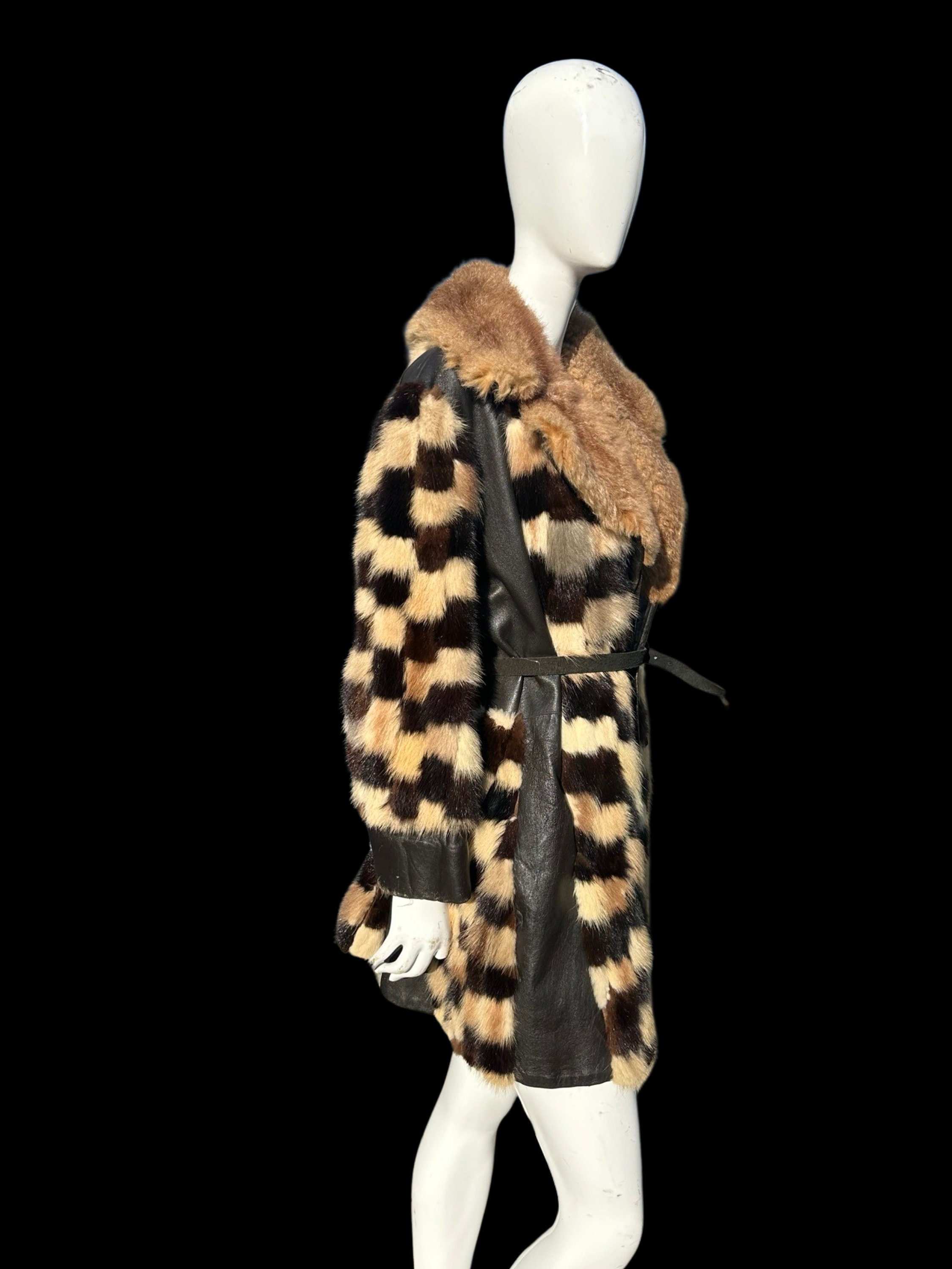 Vintage 70s ALASKAN Leather and Mink Trench Coat Checkered