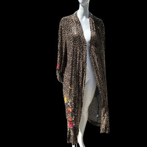 Vintage 90s JOHNNY WAS embroidered leopard duster tiger floral embroidery silk rayon blend long jacket size M