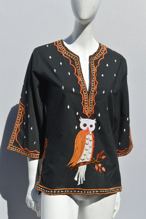 Vintage 70's hippie blouse embroidered OWL design 