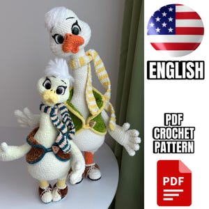 May include: Two handmade crochet goose dolls with white yarn bodies and tufted white hair. The larger goose wears a green vest and yellow-striped scarf. The smaller goose wears a brown vest and blue-striped scarf. Text reads PDF CROCHET PATTERN.