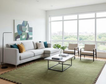 Hand-Tufted Wool Moss Green Area Rug with Checkered Border Earthy Olive Hand-Woven Rug for Living Room or Home Office