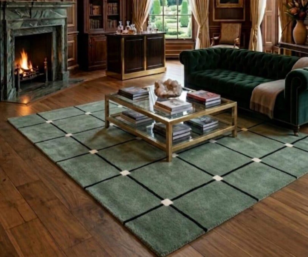 Sage Green Grid Area Rug Modern Hand Tufted Wool Carpet Minimalist ...