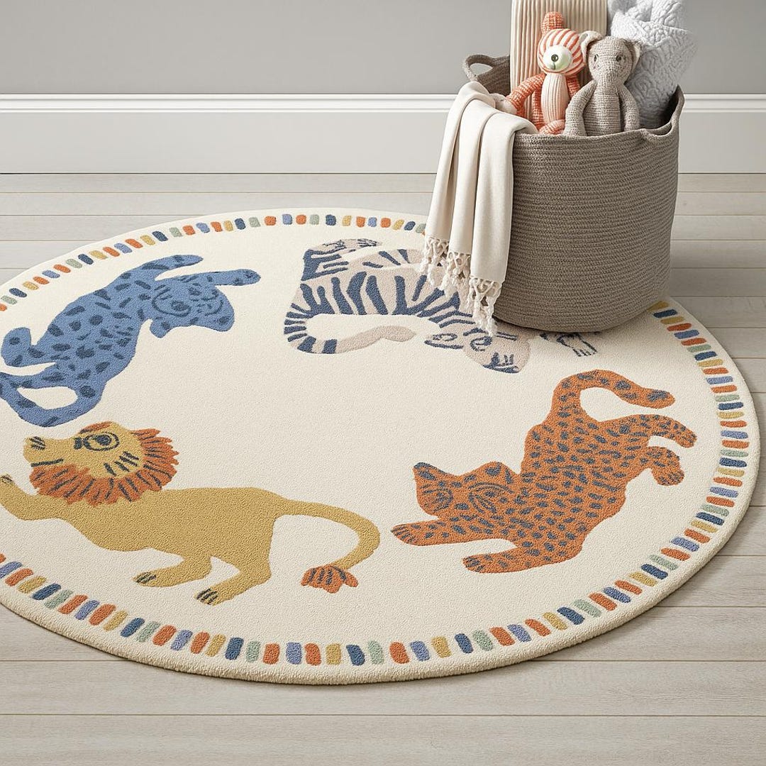 Hand-tufted Round Safari Animal Rug - Colorful Jungle Nursery Decor ...