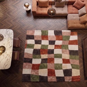 Wavy Checkered Rug, Hand-Tufted Wool, Muted Retro Colors, Terracotta And Green