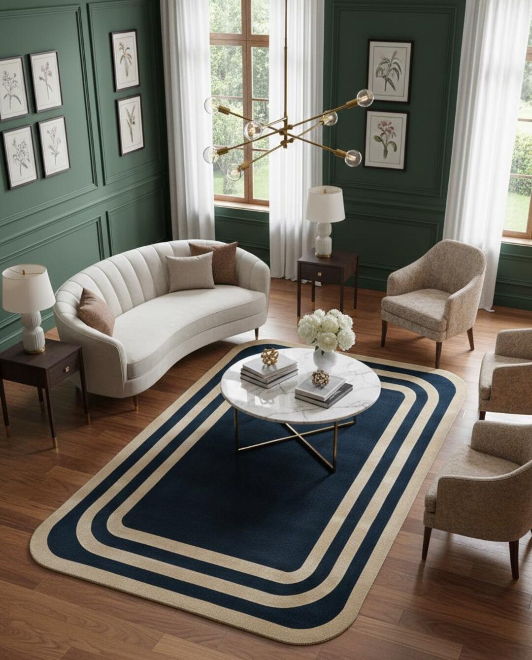 Deco Border Rugs Hand Tufted Modern Art Deco Area Rug Navy & Cream Bordered Mid-century ...