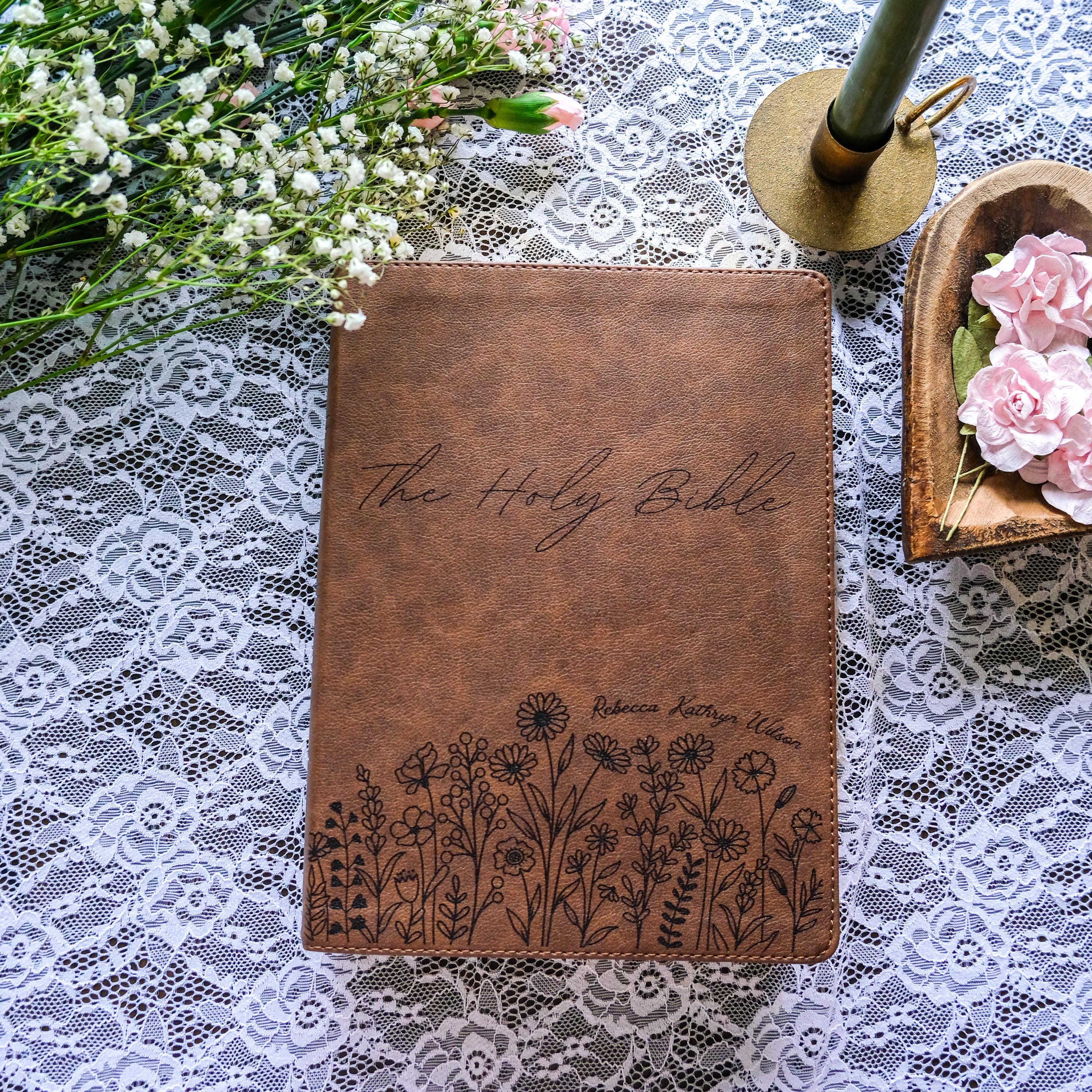 Personalized KJV Wide Margin Bible | Single Column - Large Font - Easy To Read | Custom Name Engraved Bible For Women | Flower Field