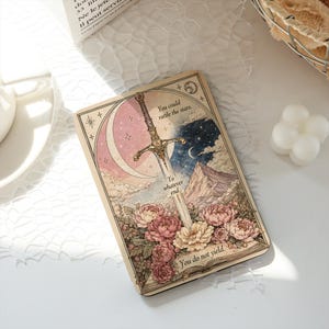May include: A rectangular wooden plaque featuring an illustration of a sword centered over a landscape with a crescent moon, stars, mountains, and pink and white flowers. The text reads: You could rattle the stars. To whatever end. You do not yield.