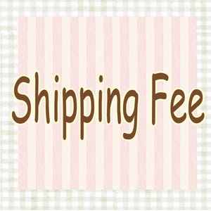 May include: The image shows the words "Shipping Fee" in a brown, whimsical font. The text is set against a background of pink and white vertical stripes, framed by a light green and white checkered pattern.