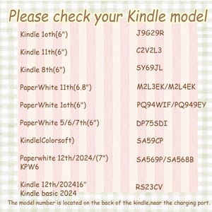 Op de afbeelding: Een overzicht van Kindle-modellen en hun bijbehorende modelnummers, weergegeven op een roze en wit gestreepte achtergrond. De tekst bevat modellen zoals Kindle 10th, Kindle 11th en PaperWhite-versies, met specifieke modelnummers.
