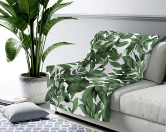 Botanical Sherpa Fleece Blanket, Cozy Green Leaf Throw