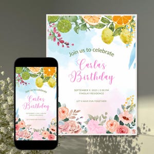 Convite de aniversário com estética floral e frutada, convite de aniversário boho, jardim, convite de jardim encantado, aniversariante, aquarela
