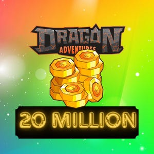 May include: Image features the "Dragon Adventures" logo above a stack of gold coins. Below the coins, the text "20 MILLION" is displayed in a glowing gold font against a black background. The background has a colorful gradient.
