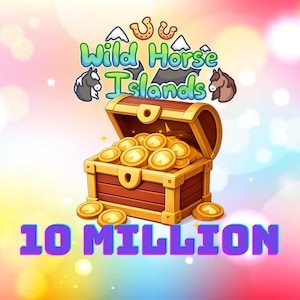 Könnte beinhalten: Cartoon-Illustration einer Holzschatztruhe, die mit Goldmünzen gefüllt ist. Der farbenfrohe Hintergrund zeigt den Text "Wild Horse Islands" und "10 MILLION". Zwei Cartoon-Pferde sind ebenfalls abgebildet.