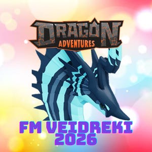 May include: A stylized image featuring a dark blue dragon head with light blue accents. The text "DRAGON ADVENTURES" is displayed above the dragon, with the text "FM VEIDREKI 2026" below. The background has a colorful, blurred effect.