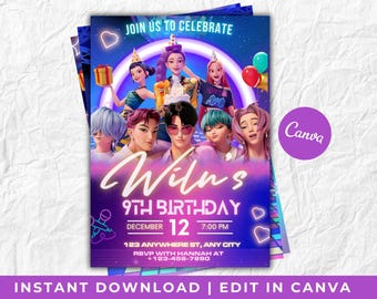 Invito di compleanno KPOP Demon Hunters - Modello Canva modificabile - Huntrix Golden - Invito per festa di compleanno stampabile in formato digitale