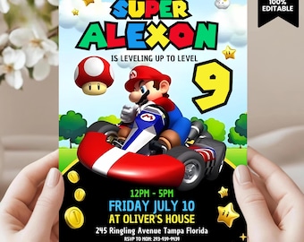 Invito di compleanno di Super Mario modificabile: formato 5x7 stampabile (modello Canvas) - Invito digitale stampabile per festa di compleanno