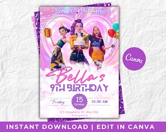 KPOP Demon Hunters Birthday Invitation - Editable Canva Template - Huntrix Golden - Printable Birthday Party Invite Digital Download