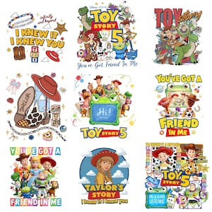 May include: A collection of nine graphic designs featuring Toy Story characters, including Woody, Buzz Lightyear, Jessie, and Rex, alongside text elements like Toy Story 5, You've Got a Friend in Me, Taylor's Story, and I Knew It I Knew You, with various icons like cowboy boots, hats, and blocks.