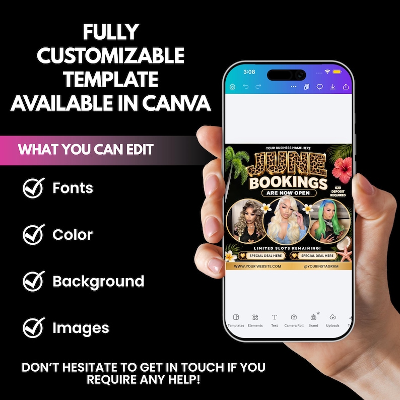 Instant download June booking flyer template for beauty professionals promoting hair, nails, lashes, wigs, braids, waxing, and summer appointments.