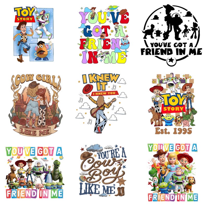 K&ouml;nnte beinhalten: Eine Sammlung von neun Grafikdesigns mit Toy Story-Figuren wie Woody, Buzz Lightyear, Jessie und Mr. Potato Head. Die Designs enthalten farbenfrohe Texte wie You've Got A Friend In Me, Cow Girl Like Me und You're A Cowboy Like Me.
