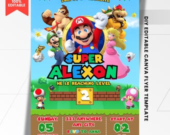 Invito di compleanno di Super Mario / Modello Canva modificabile / Download digitale stampabile / Invito alla festa di Mario per bambini, ragazzi e ragazze / Colorato
