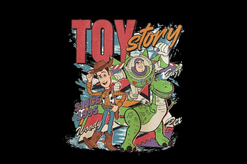 May include: A graphic print featuring the characters Woody, Buzz Lightyear, and Rex from Toy Story. The text reads TOY story, SINCE 1995, Woody, Buzz, and Rex. The design includes a distressed blue and red background element on a black background.