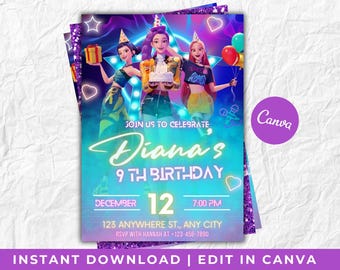 Invito di compleanno KPOP Demon Hunters - Modello Canva modificabile - Huntrix Golden - Invito per festa di compleanno stampabile da scaricare digitalmente