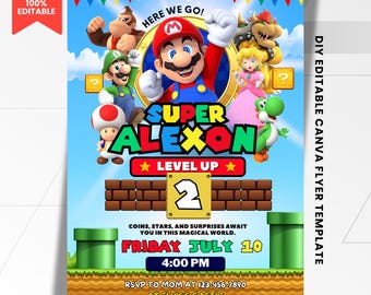Invito di compleanno di Super Mario modificabile: formato 5x7 stampabile (modello Canvas) - Invito digitale stampabile per festa di compleanno