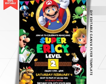 Invito di compleanno di Super Mario / Modello Canva modificabile / Download digitale stampabile / Invito alla festa di Mario per bambini, ragazzi e ragazze / Colorato