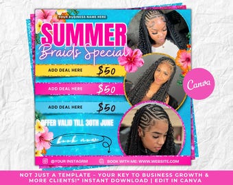 Summer Braid Sale Flyer, Summer Sale Flyer, Braid Prices Flyer, Braids Sale Flyer, Hair Flyer, Lashes Flyer, Braids Special Flyer Template
