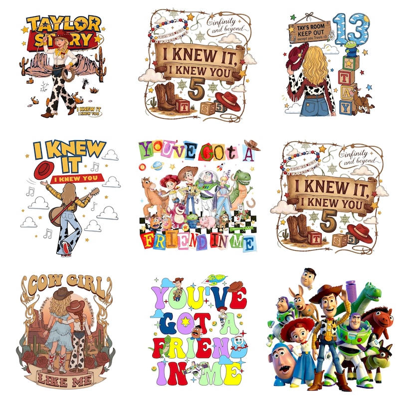K&ouml;nnte beinhalten: Eine Sammlung von neun Grafikdesigns mit Zeichentrickfiguren, Cowboy-Themen und Texten wie Taylor Story, I Knew It, I Knew You, You've Got A Friend In Me und Tay's Room Keep Out, erg&auml;nzt durch farbenfrohe Illustrationen von Spielzeug und Motiven.