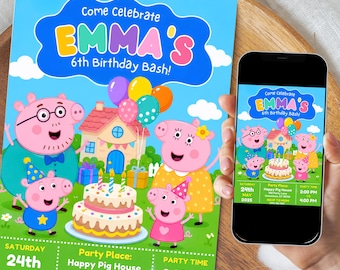 Invito di compleanno di Peppa Pig modificabile, modello Canva, invito per feste per bambini, biglietto di compleanno con maialino rosa, download immediato, modello Canva