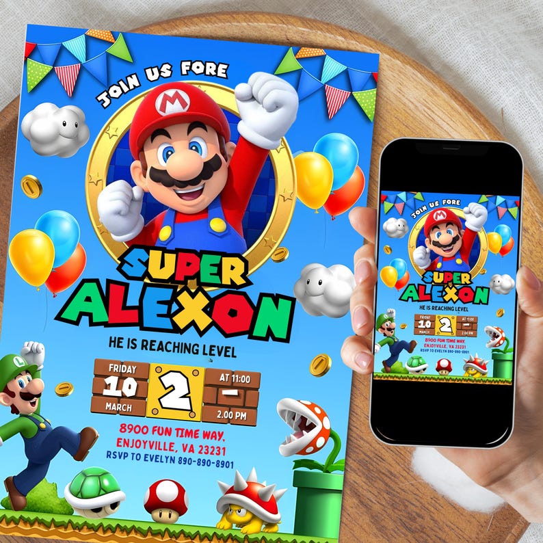 Super Mario Birthday Invitation | Editable Canva Template | Printable ...